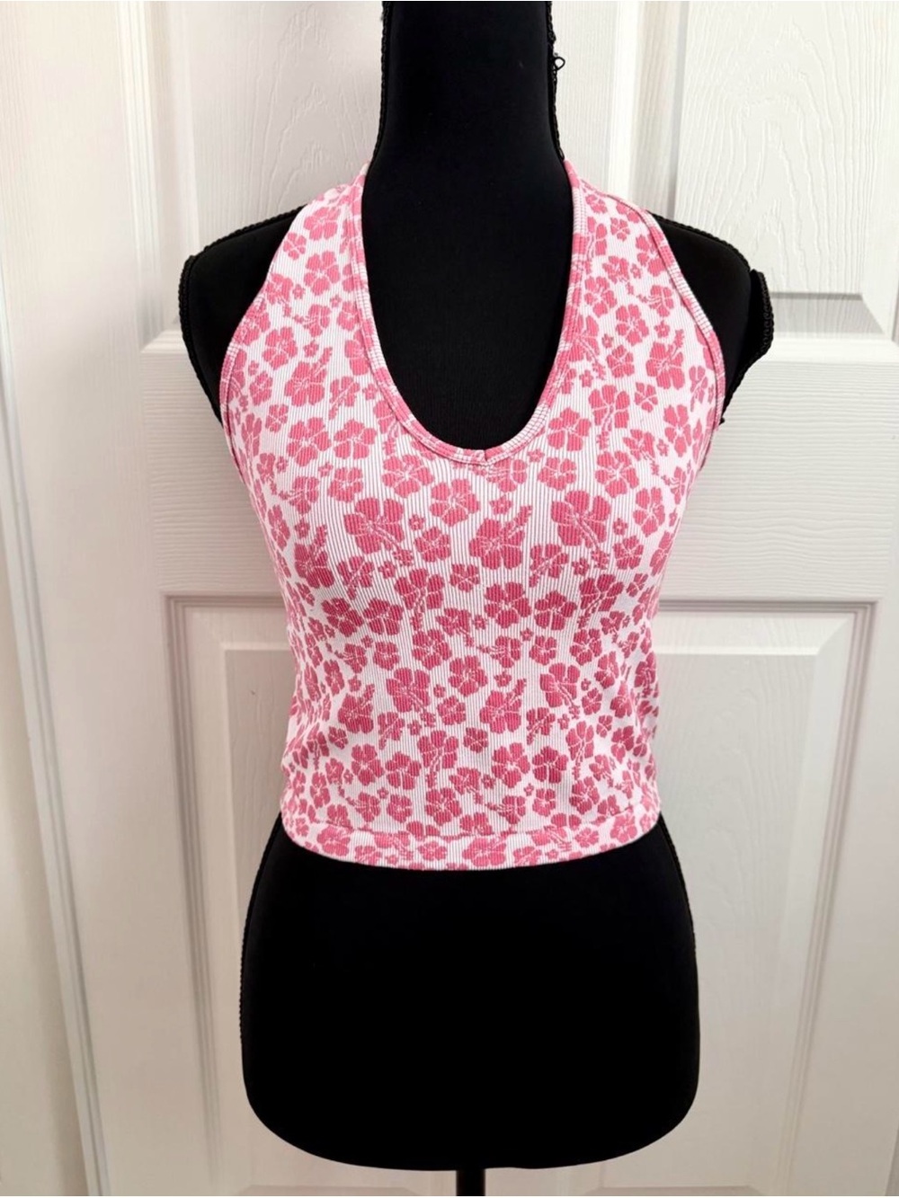 y2k pink floral hibiscus ribbed halter top